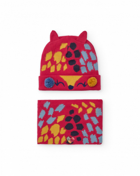 Hat and neck warmer set for girl in red with multicolored print and ears