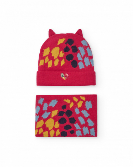 Hat and neck warmer set for girl in red with multicolored print and ears