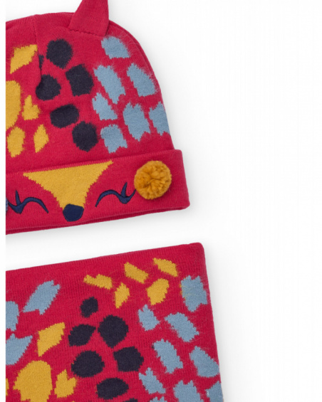 Hat and neck warmer set for girl in red with multicolored print and ears