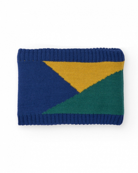 Neck warmer for boy in blue, mustard and green with geometric design