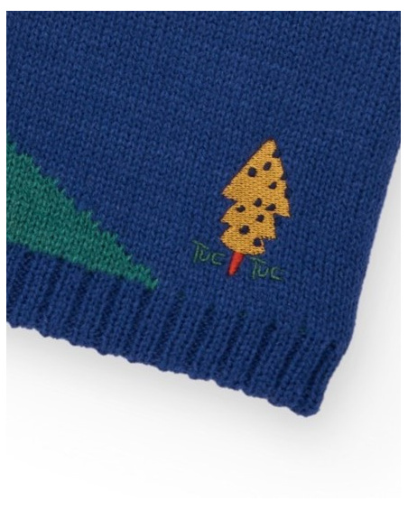 Neck warmer for boy in blue, mustard and green with geometric design