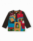 Long sleeve T-shirt for boy in brown with vehicle print