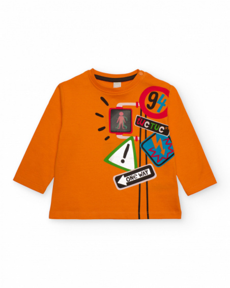 Long sleeve T-shirt for boy in orange with traffic sign print