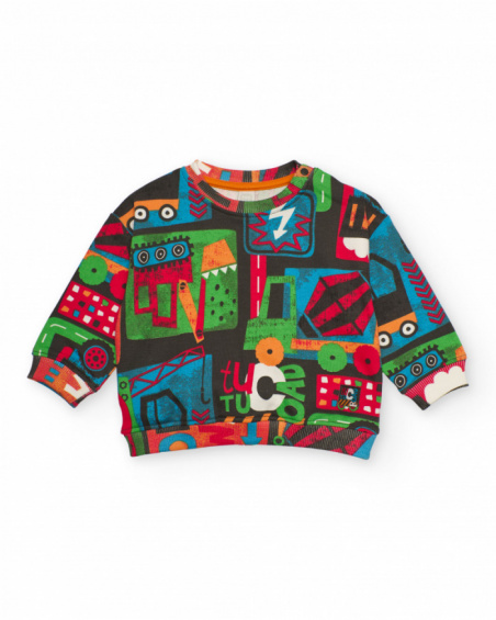 Sweatshirt for boy in black with multicolored vehicle print