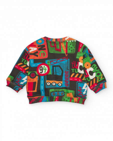 Sweatshirt for boy in black with multicolored vehicle print