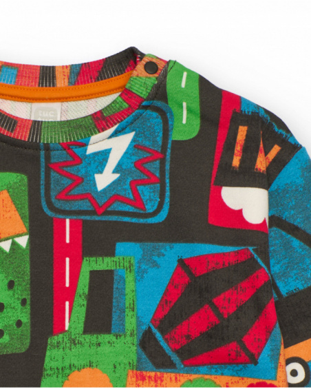 Sweatshirt for boy in black with multicolored vehicle print