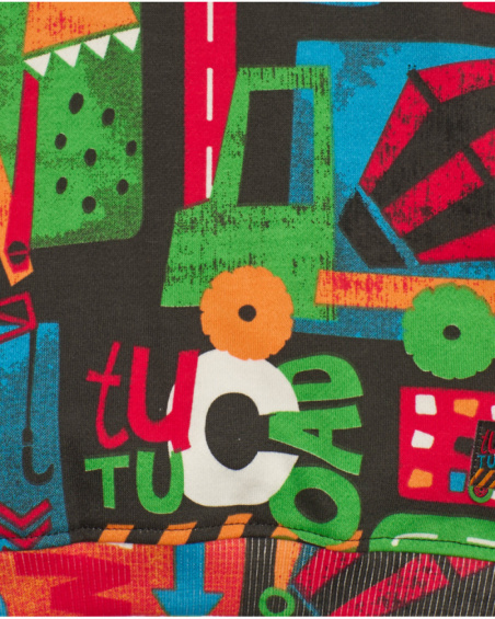 Sweatshirt for boy in black with multicolored vehicle print