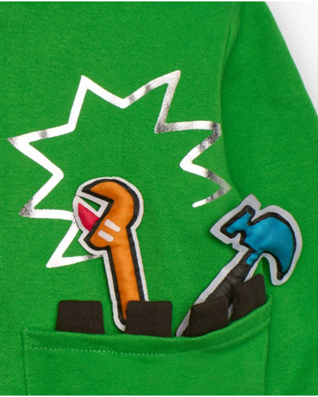 Hooded sweatshirt for boy in green with tool print