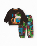 Set for boy with brown sweatshirt and printed vehicle trousers