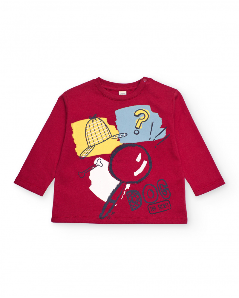 Long sleeve t-shirt for boy in red with detective print
