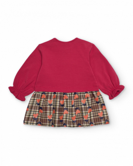 Red dress for girl with plaid skirt and bow detail