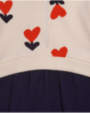 Girl’s dress in ecru and navy blue with heart print and zip