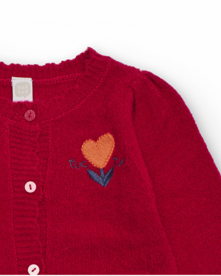 Red knit cardigan for girl with embroidered detail
