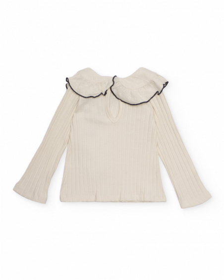 Ribbed T-shirt for girl in ecru with ruffles and bow