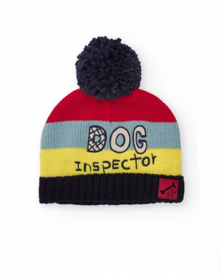 Multicolored beanie for boys with pom-pom and decorative text.