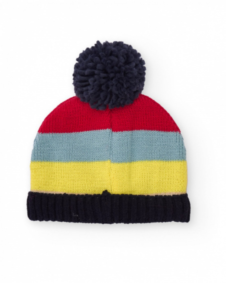 Multicolored beanie for boys with pom-pom and decorative text.