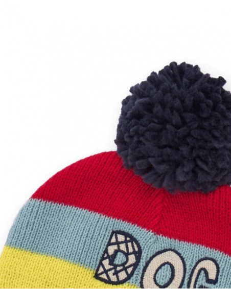 Multicolored beanie for boys with pom-pom and decorative text.