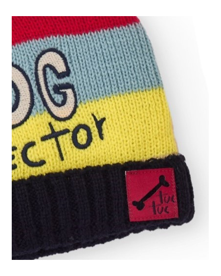 Multicolored beanie for boys with pom-pom and decorative text.