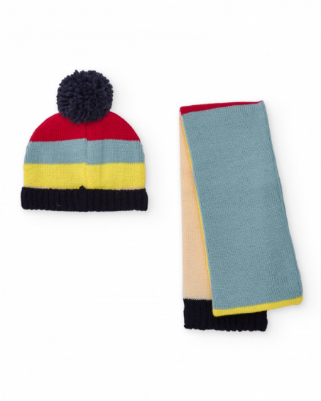 Multicolor hat and scarf set for boy with embroidered text