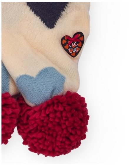 Beige scarf for girl with heart print and pom-poms