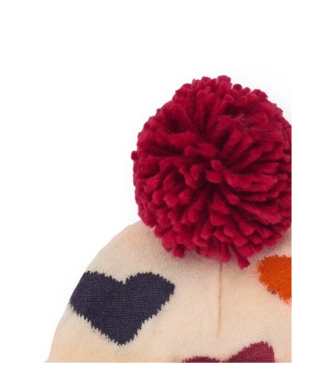 Knitted hat for girl in beige with multicolour hearts