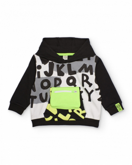 Hoodie for boy in black and white with printed letters and green pocket