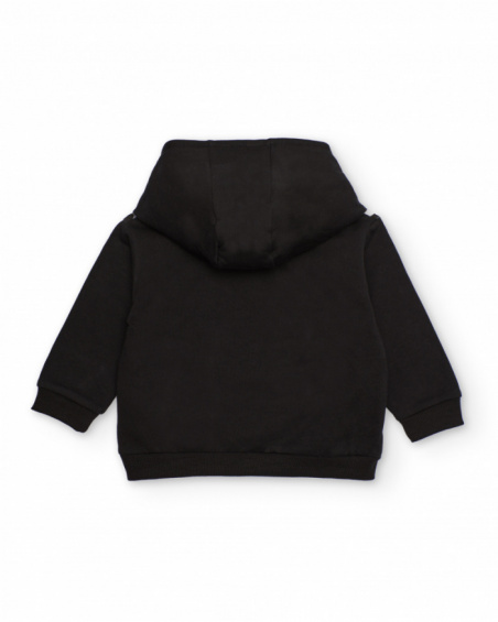 Hoodie for boy in black and white with printed letters and green pocket