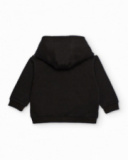 Hoodie for boy in black and white with printed letters and green pocket