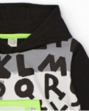 Hoodie for boy in black and white with printed letters and green pocket