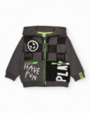 Hoodie for boy in grey with graphic print and green pockets