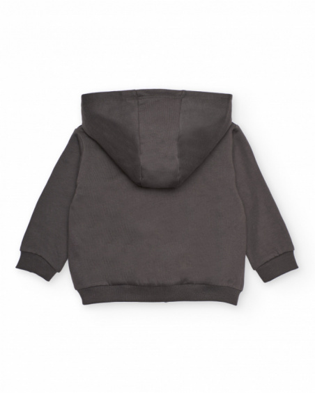 Hoodie for boy in grey with graphic print and green pockets