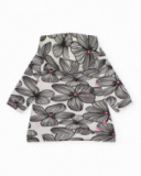 Hooded dress for girl in white with black floral print and black pocket