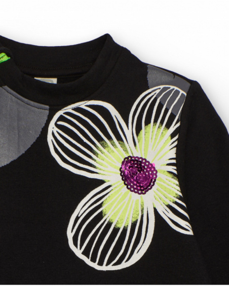 Black dress for girl with printed flowers and sequins