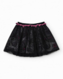 Girl's black skirt with floral print tulle and ruched pink waistband