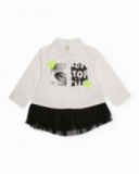 Girl’s white shirt with black tulle skirt and fun print