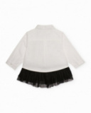 Girl’s white shirt with black tulle skirt and fun print