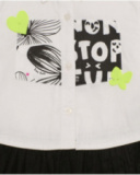 Girl’s white shirt with black tulle skirt and fun print