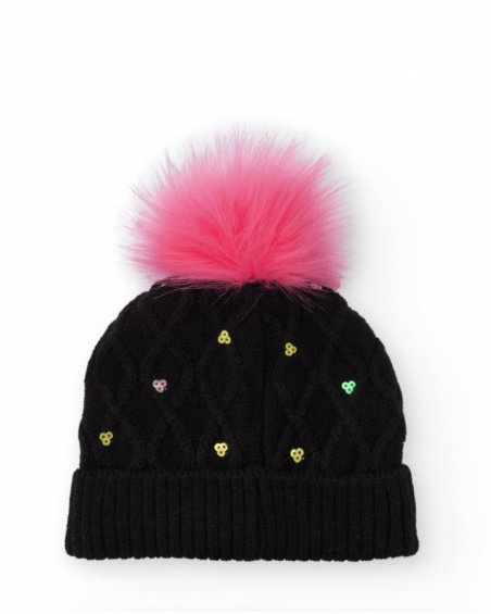 Knitted beanie for girl in black with pink pompom and sequins