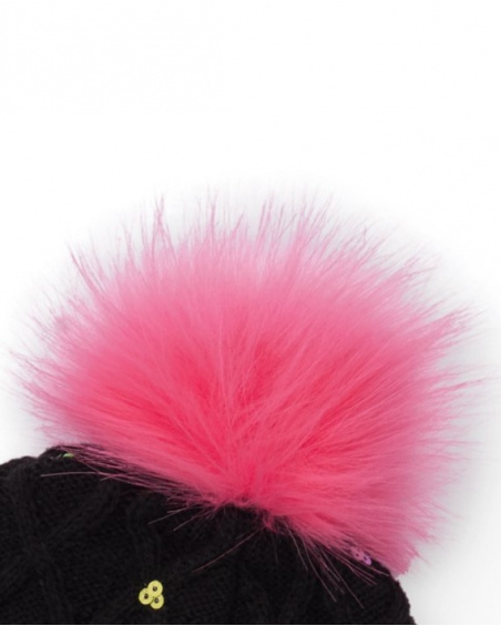 Knitted beanie for girl in black with pink pompom and sequins