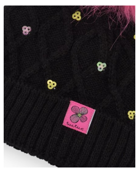 Knitted beanie for girl in black with pink pompom and sequins