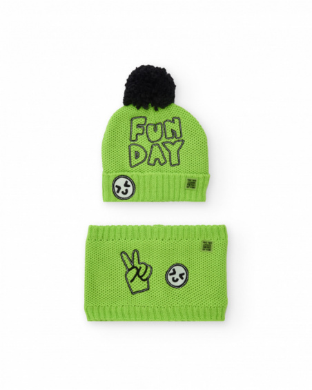 Set of beanie and neck warmer for boy in green with embroidery and black pompom