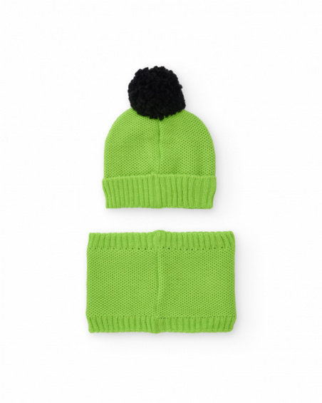 Set of beanie and neck warmer for boy in green with embroidery and black pompom