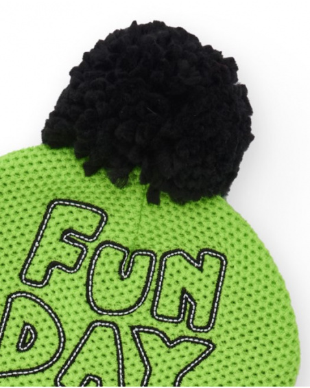 Set of beanie and neck warmer for boy in green with embroidery and black pompom