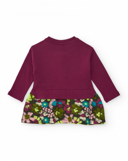 Sweatshirt dress for girl in burgundy with unicorn and printed skirt