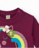 Sweatshirt dress for girl in burgundy with unicorn and printed skirt