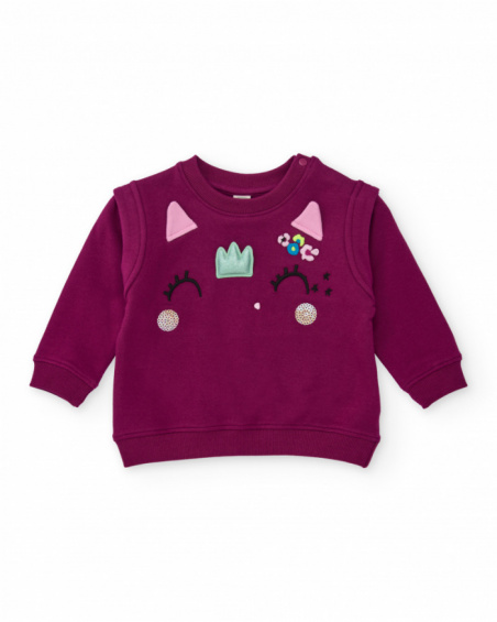 Burgundy fleece sweatshirt for girls with animal face and embroidered details