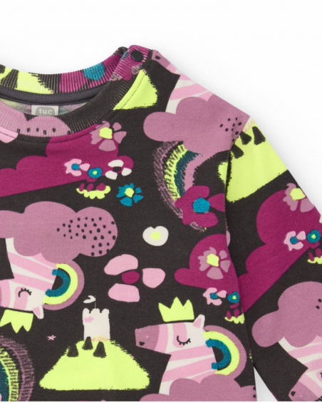 Long-sleeved sweatshirt for girl in brown with unicorn and rainbow print