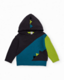 Knitted hoodie sweater for boys in blue, green and black with dinosaur details