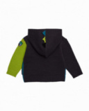 Knitted hoodie sweater for boys in blue, green and black with dinosaur details