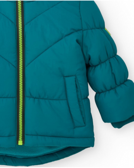 Boy’s padded jacket in petrol blue with hood and 3D details